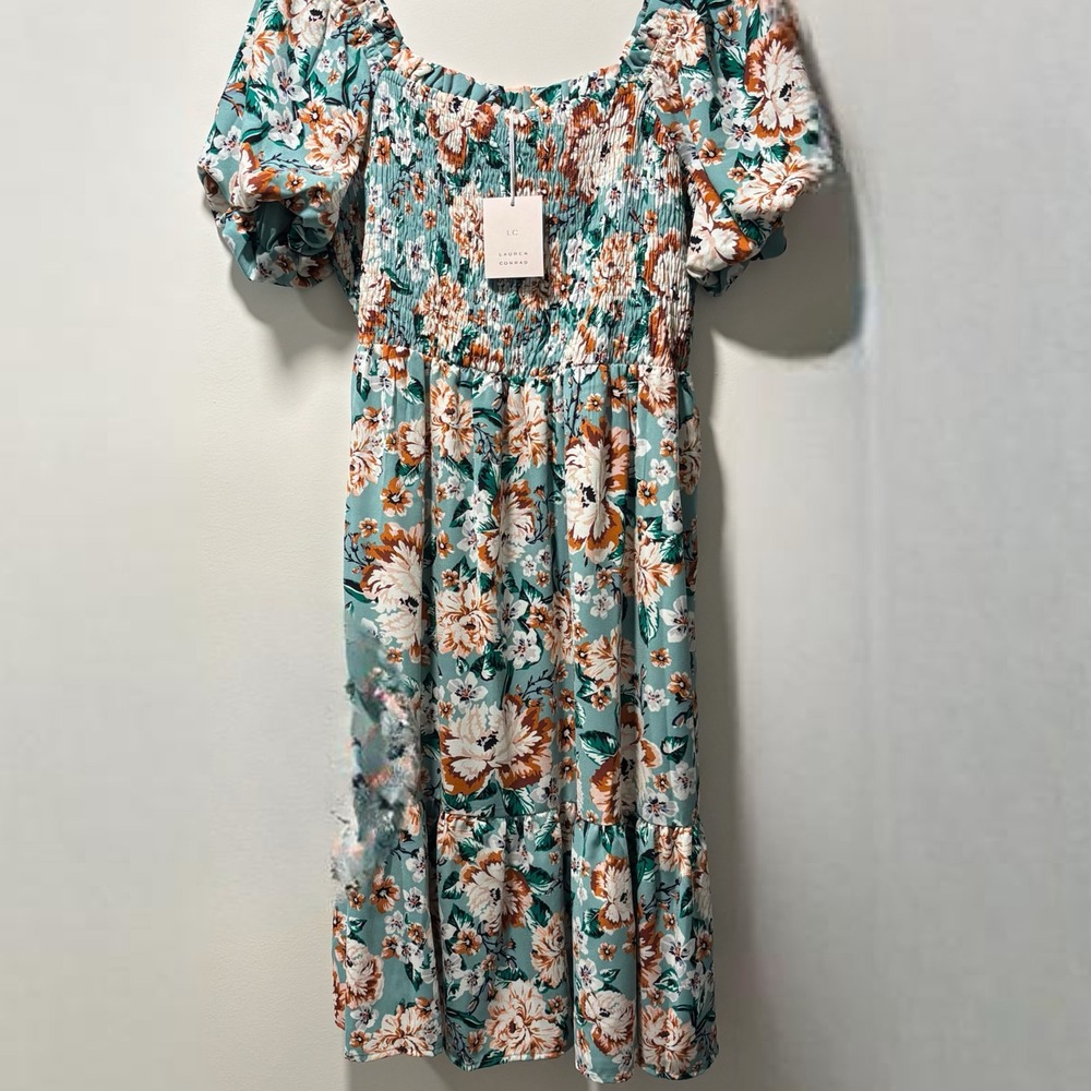 LC Lauren Conrad Midi Dress Womens L Teal Floral New Smocked Puff Sleeve Tiered